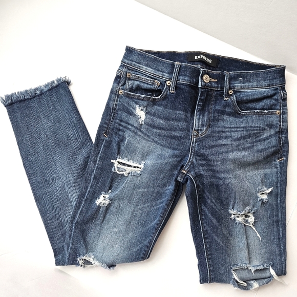 Express Wmns Skinny Ankle Mid-rise Stretch Ripped Raw-Hem Medium Wash Jeans Sz4R - Picture 2 of 12